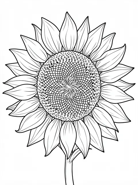 Intricate black and white line art of a detailed sunflower head on a plain white background