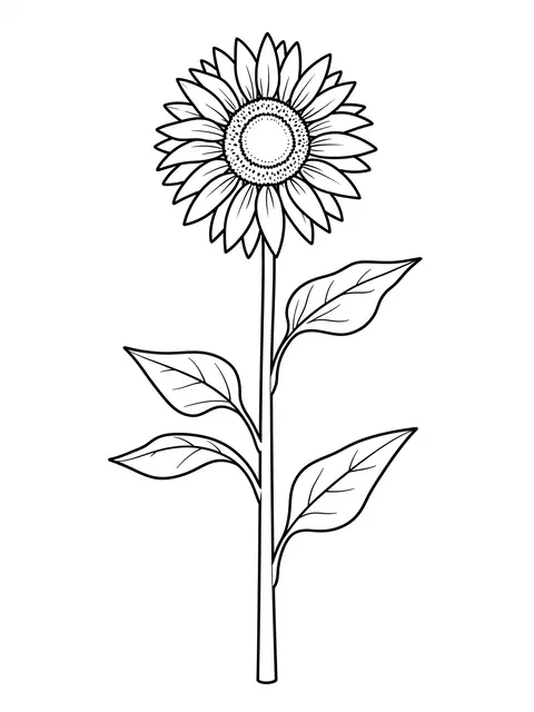 Bold black and white line art of a single sunflower on a stalk with leaves against a plain white background