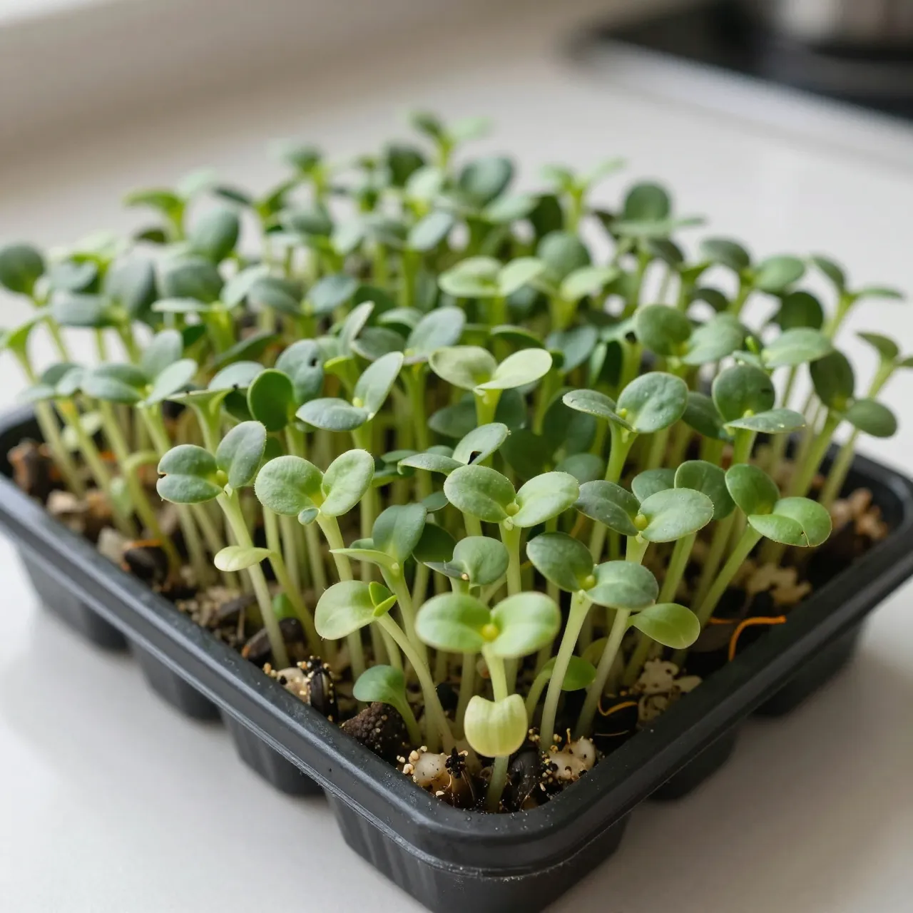 Dense sunflower microgreens with dark seed husks grow in a shallow black tray on a light kitchen counter.