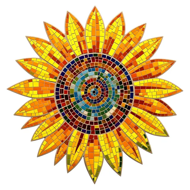Colorful tiled mosaic of a sunflower with a concentric spiral center set against a plain white background
