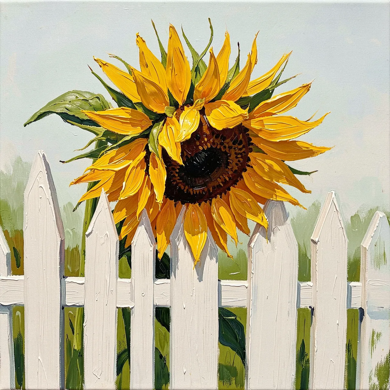 Thick impasto acrylic painting of a bowing sunflower leaning over a white picket fence under soft pale sky