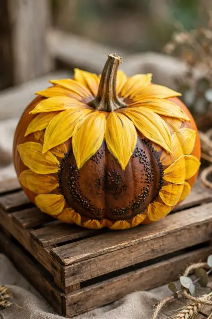 A pumpkin hand-painted as a sunflower rests on a rustic wooden crate