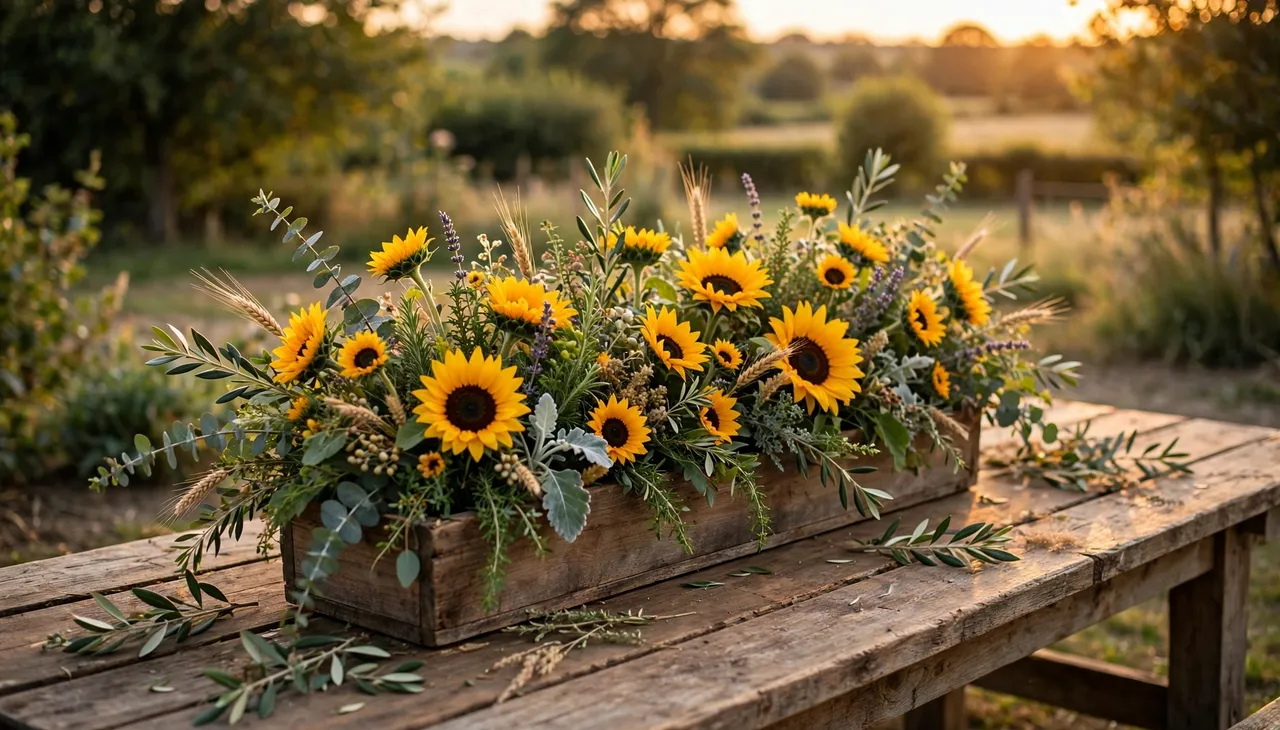 Sunflower floral arrangement in a wooden trough sits on an outdoor harvest table at warm golden hour
