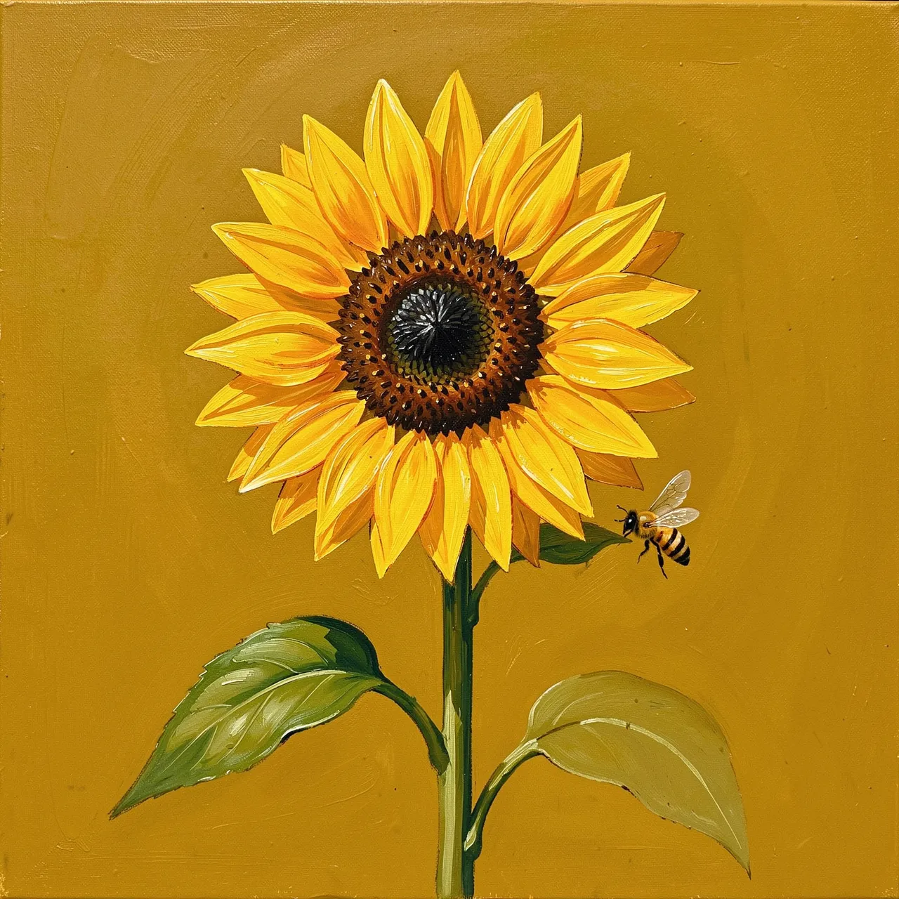A gouache painting of a bright sunflower with a flying honey bee against a solid mustard background