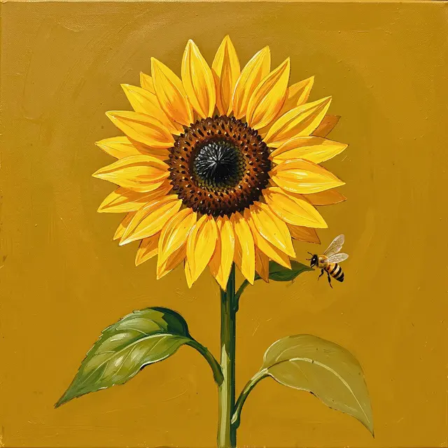 A gouache painting of a bright sunflower with a flying honey bee against a solid mustard background