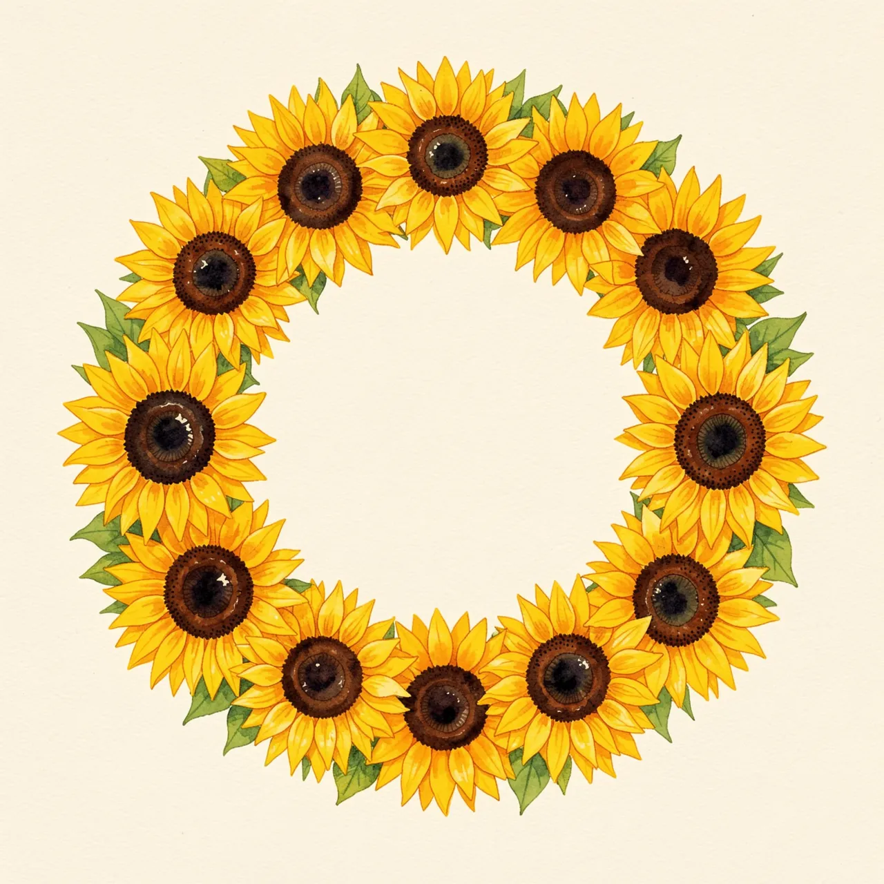 A circular gouache wreath of bright yellow sunflowers with green leaves on a cream background, featuring an empty center