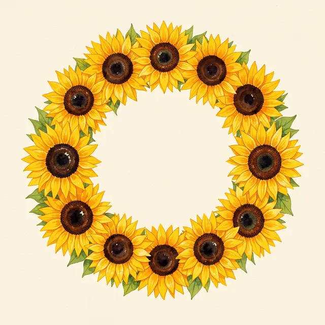 A circular gouache wreath of bright yellow sunflowers with green leaves on a cream background, featuring an empty center