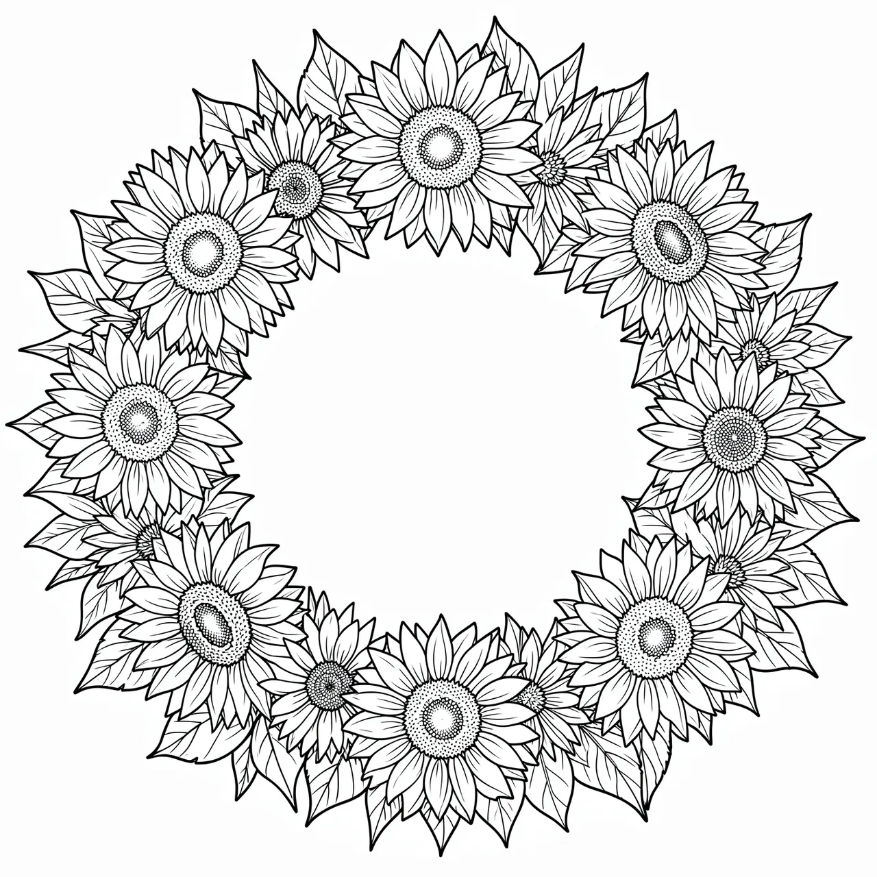 Intricate black and white line art of a circular sunflower wreath on a plain white background