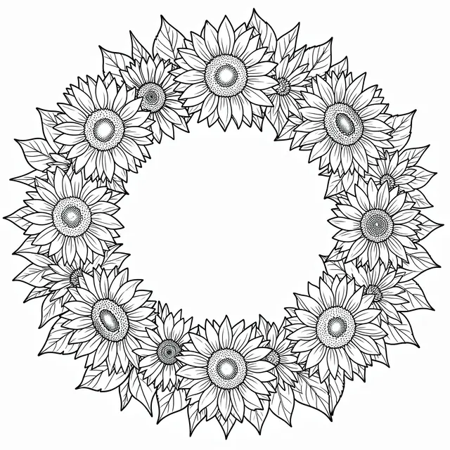 Intricate black and white line art of a circular sunflower wreath on a plain white background