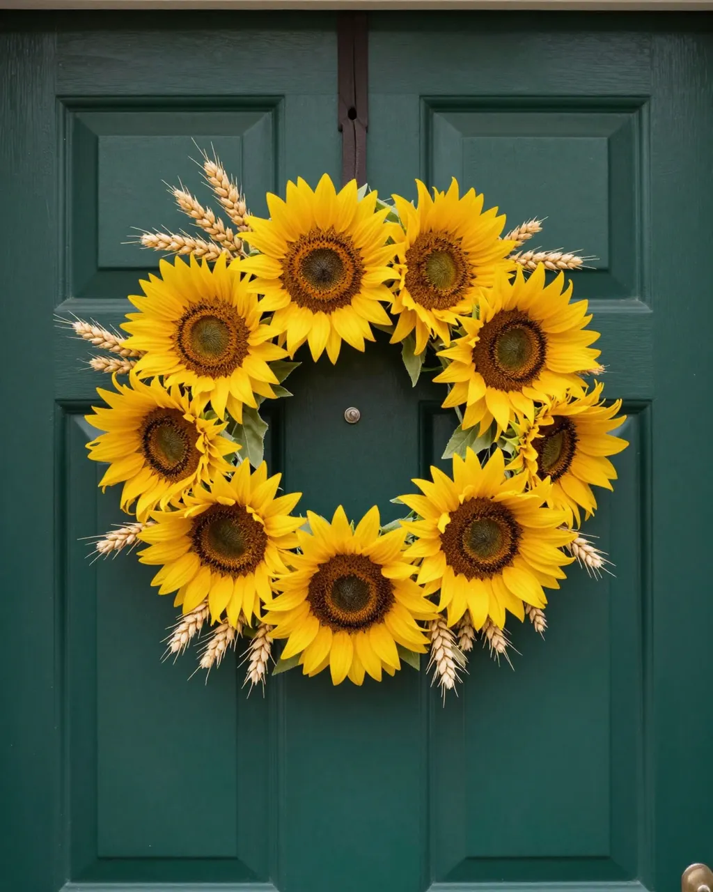 A decorative wreath of sunflowers and golden wheat hangs centered on a dark green paneled front door.