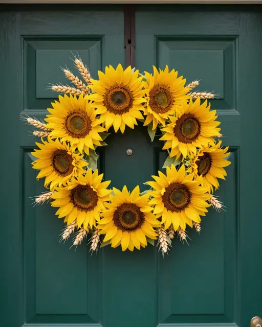A decorative wreath of sunflowers and golden wheat hangs centered on a dark green paneled front door.