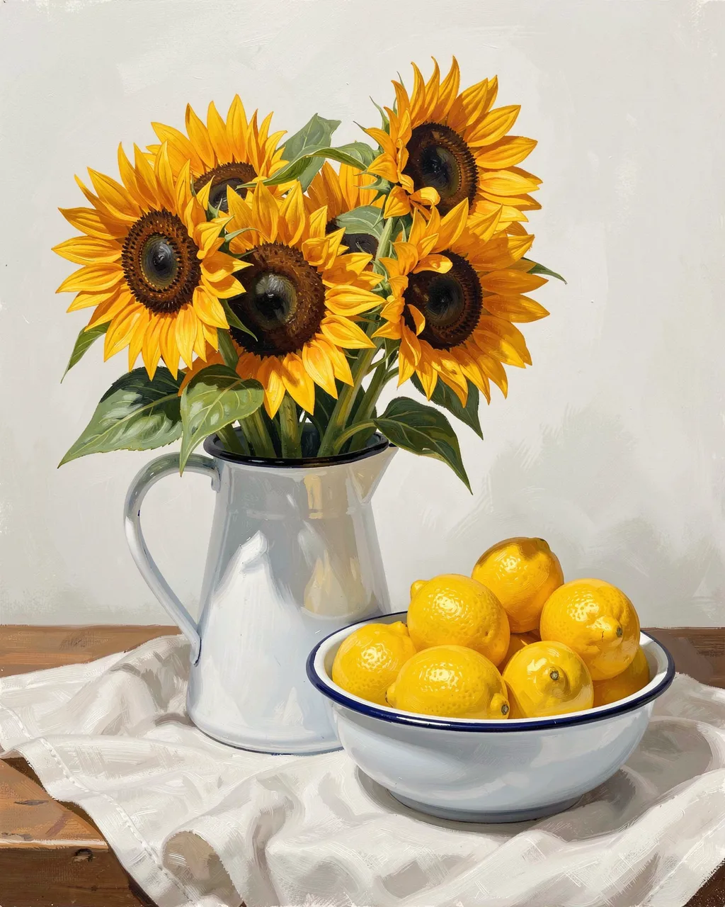 A gouache painting of sunflowers in an enamel pitcher next to a bowl of lemons on linen cloth