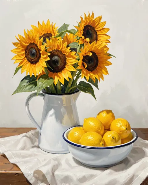 A gouache painting of sunflowers in an enamel pitcher next to a bowl of lemons on linen cloth
