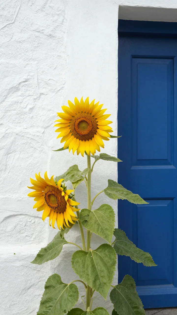 Two bright yellow sunflowers grow against a textured whitewashed wall next to a deep blue wooden door.