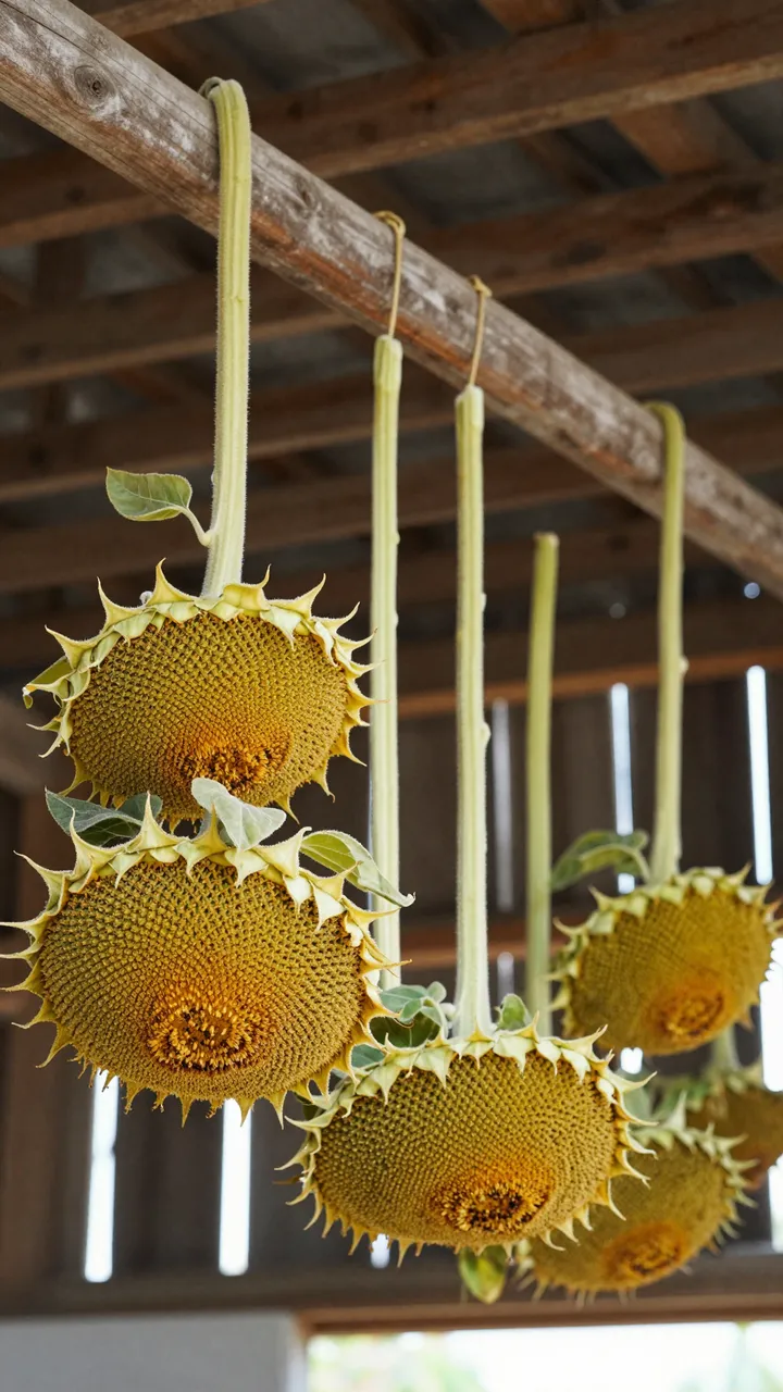 Upside down sunflower heads hang from wooden barn rafters to dry in soft sunlight.
