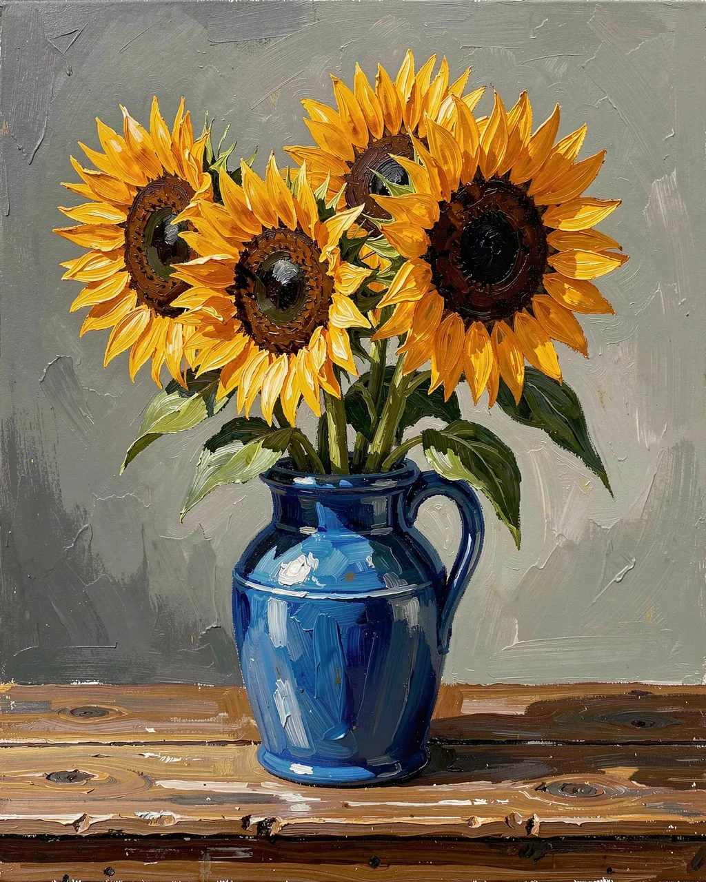 Thick impasto oil painting of sunflowers arranged in a blue jug resting on a rustic wooden table