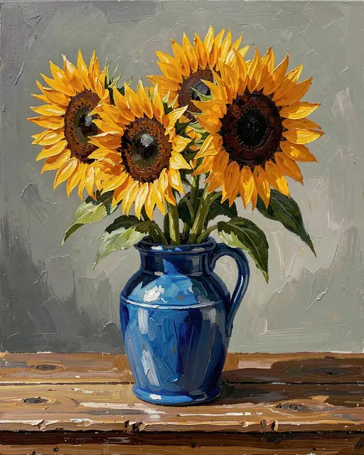 Thick impasto oil painting of sunflowers arranged in a blue jug resting on a rustic wooden table