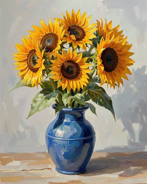 A textured oil painting of bright sunflowers arranged in a glossy blue ceramic vase on a wooden tabletop.
