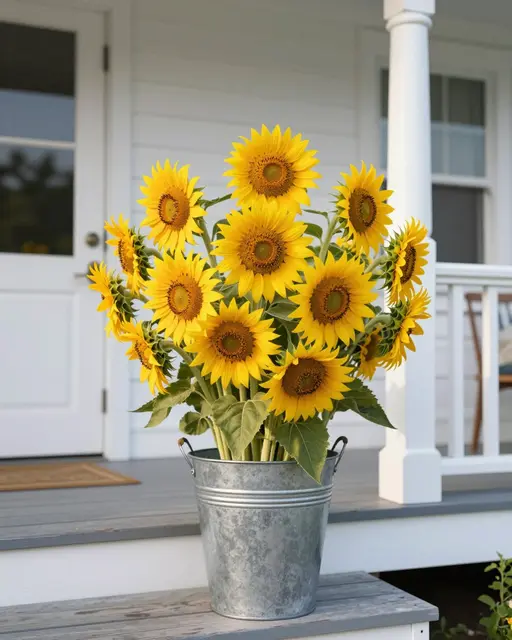 A full bouquet of cut sunflowers in a galvanized metal bucket rests on a white farmhouse porch in warm late afternoon light.