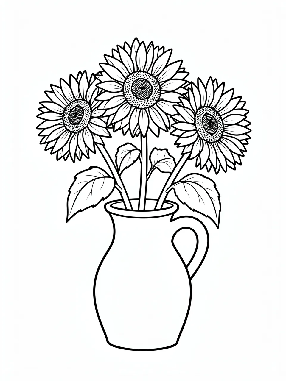 Black and white bold line art of three sunflowers arranged in a stoneware pitcher on a plain white background