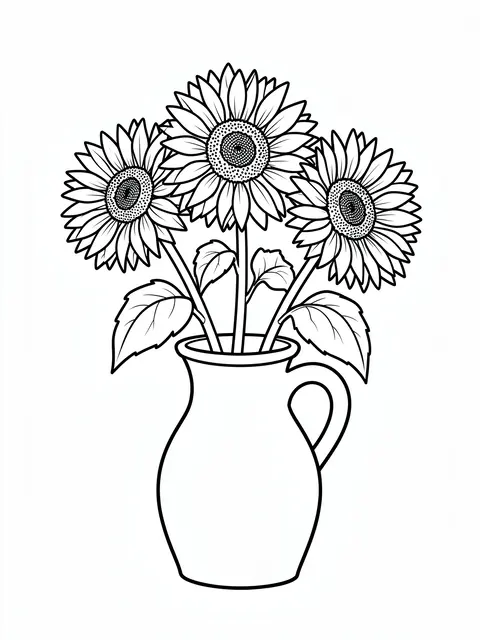 Black and white bold line art of three sunflowers arranged in a stoneware pitcher on a plain white background