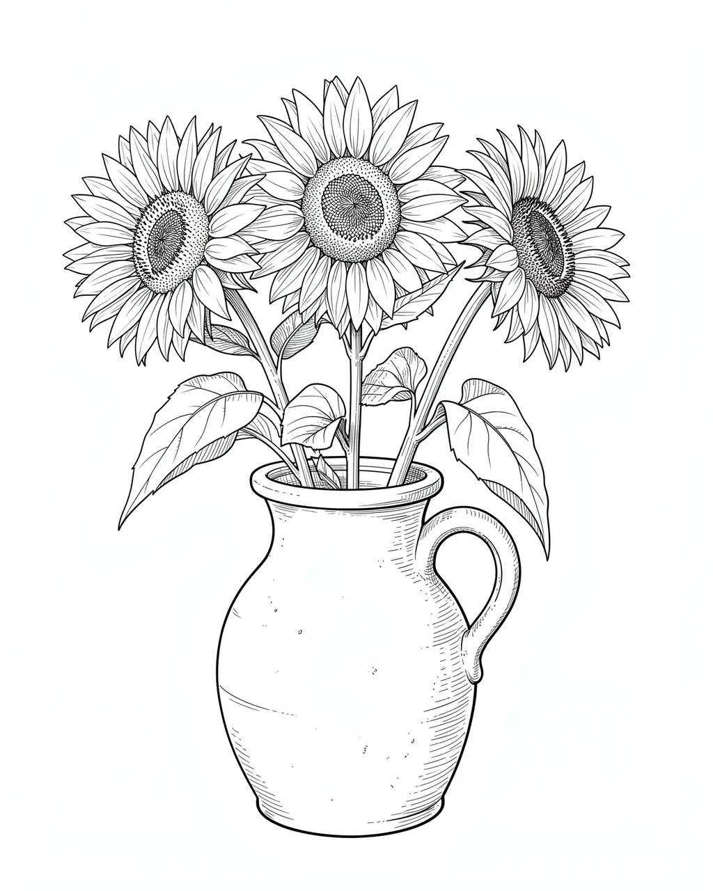 Fine black line art drawing of three sunflowers arranged in a handled stoneware jug on a plain white background