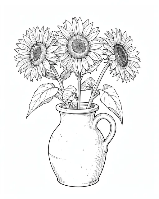 Fine black line art drawing of three sunflowers arranged in a handled stoneware jug on a plain white background