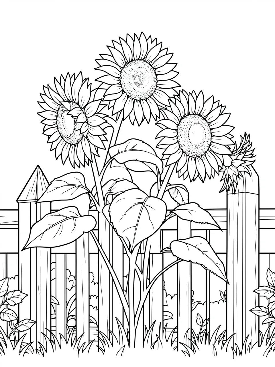 Black and white line art coloring page of sunflowers leaning over a wooden picket fence on a plain white background