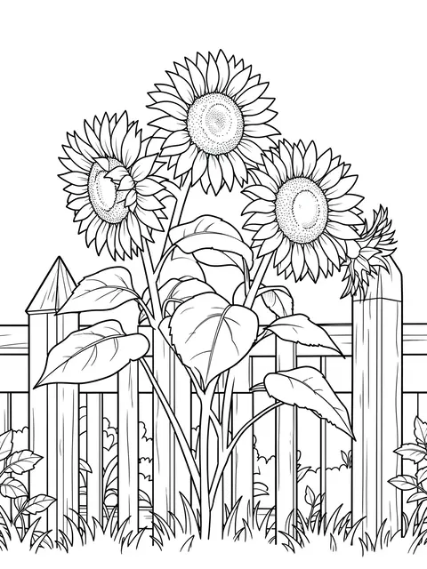 Black and white line art coloring page of sunflowers leaning over a wooden picket fence on a plain white background