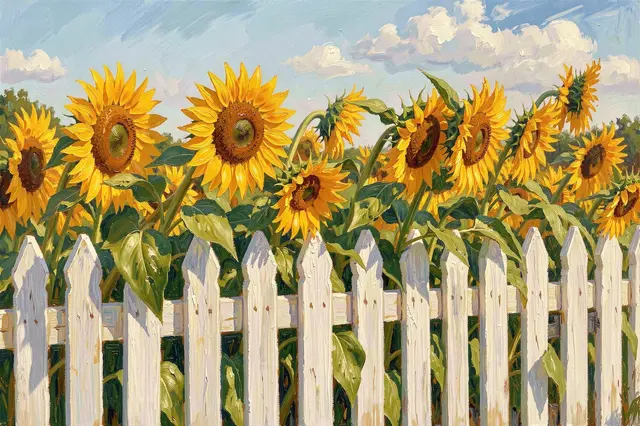 Impressionist oil painting of sunflowers leaning over a white picket fence under a sunny afternoon sky