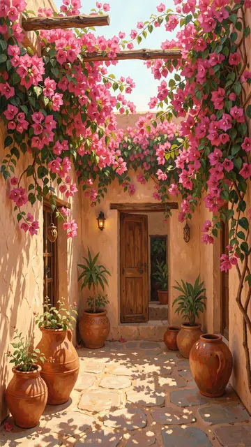 A sunlit vertical boho style adobe courtyard lined with terracotta pots and trailing pink bougainvillea vines.