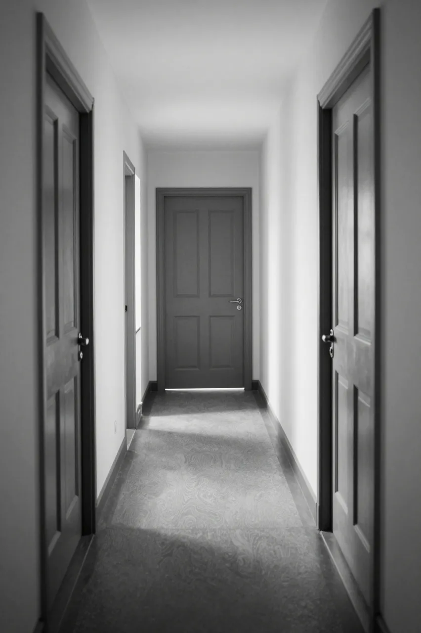 Black and white view down a narrow sunlit residential hallway lined with paneled wooden doors