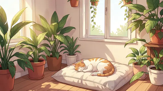 An orange and white cat sleeps curled on a cushion among potted houseplants in a sunlit apartment corner