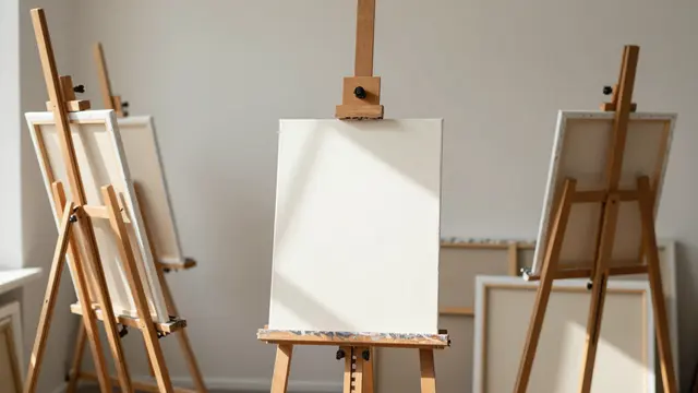 Wooden easels holding blank canvases stand in a sunlit neutral art studio room
