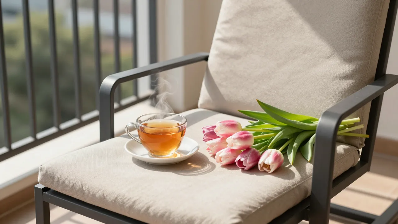 A cushioned balcony lounge chair holds a steaming teacup and pink tulips in warm sunlight.