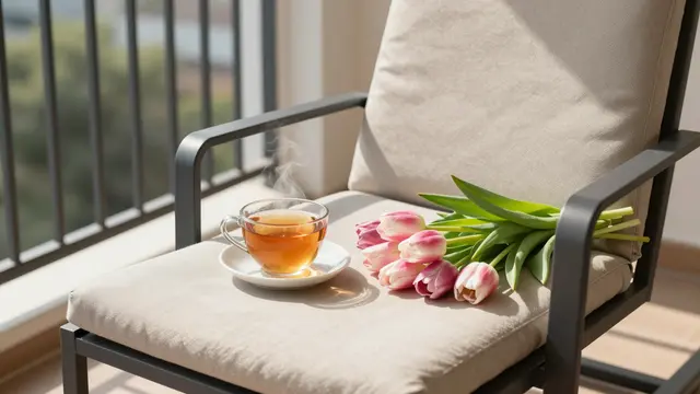 A cushioned balcony lounge chair holds a steaming teacup and pink tulips in warm sunlight.