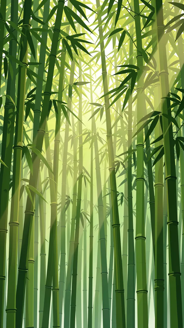 Tall bamboo stalks stand as slanting sunbeams filter through the forest canopy