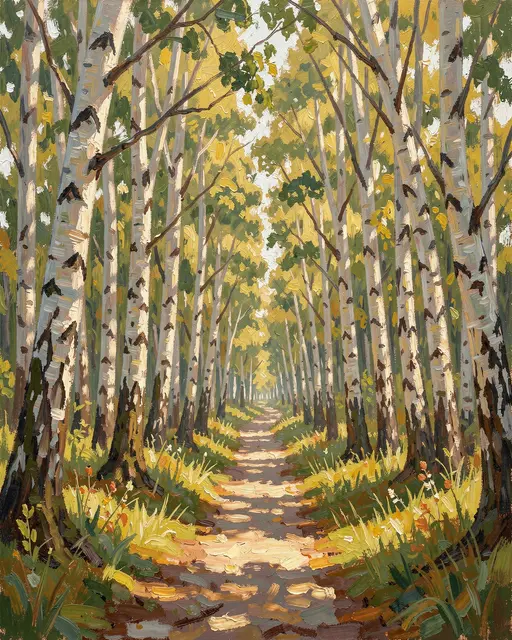 Impressionist oil painting of a dappled sunlit path running through a birch tree grove