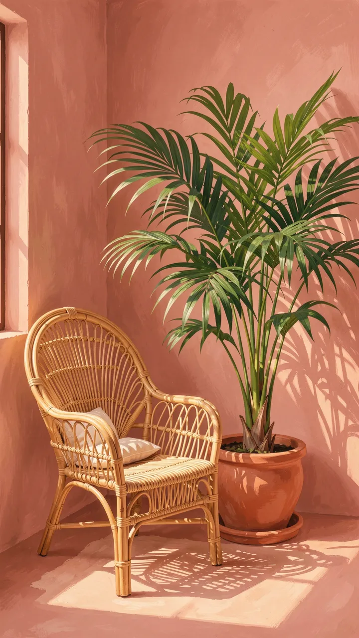 A rattan fan-back chair and tall potted palm sit in a sunlit clay-pink interior room
