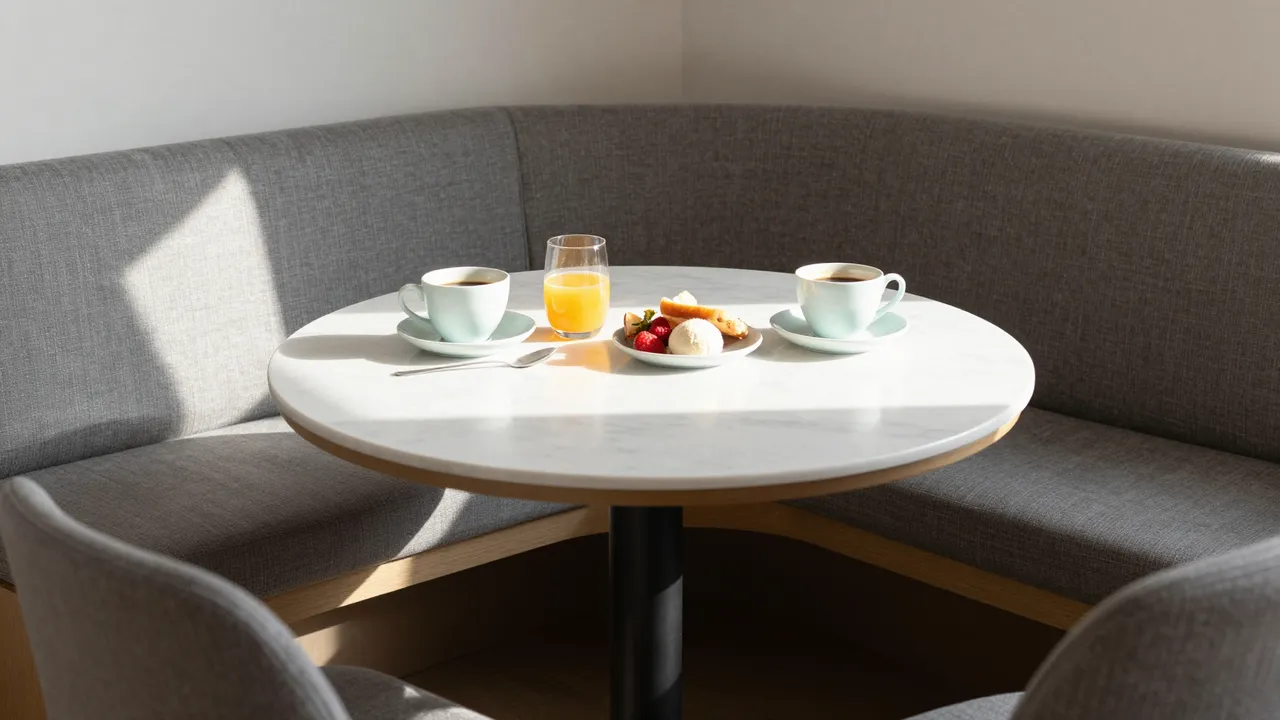 Round marble breakfast table with coffee, orange juice and pastries sits in a sunlit upholstered corner banquette.