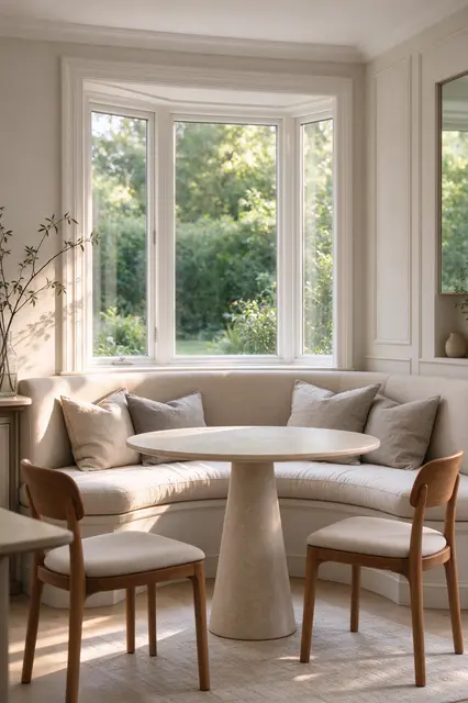 Curved linen banquette with pedestal table sits in a bright bay window breakfast nook lit by soft morning sun.