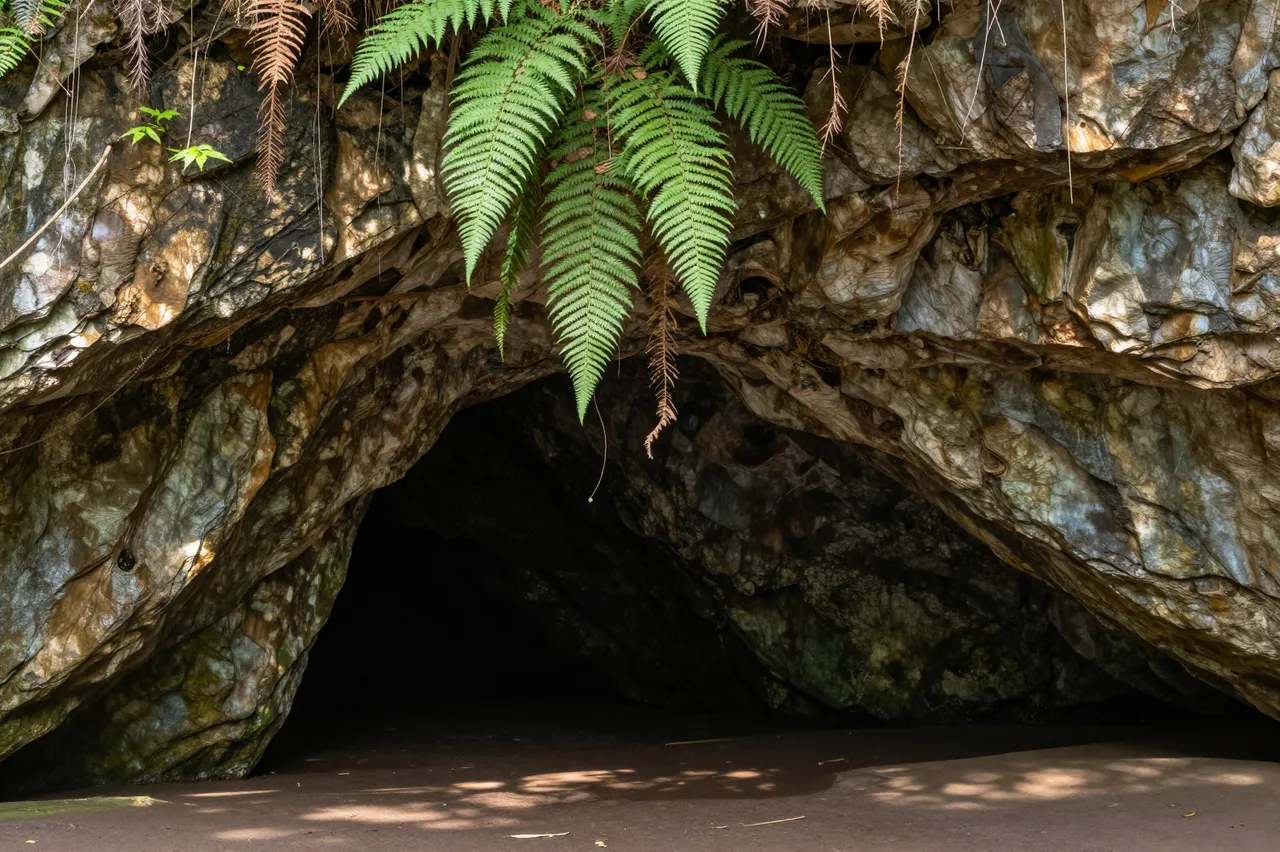 View from inside a sunlit cave looking out at lush hanging ferns framing the rocky entrance
