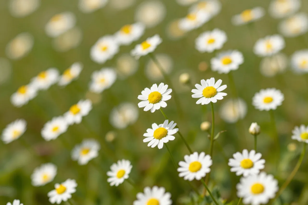 Sharp chamomile blooms with white petals and yellow centers stand out against a soft blurred sunny meadow background