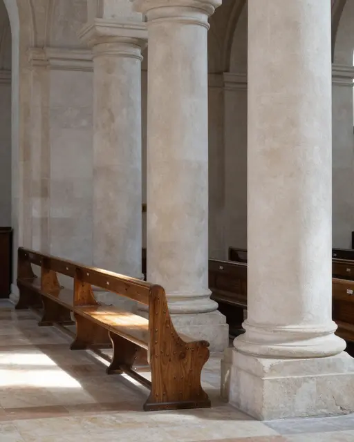 Warm sunlight falls across a wooden bench between pale stone columns in a quiet church side aisle