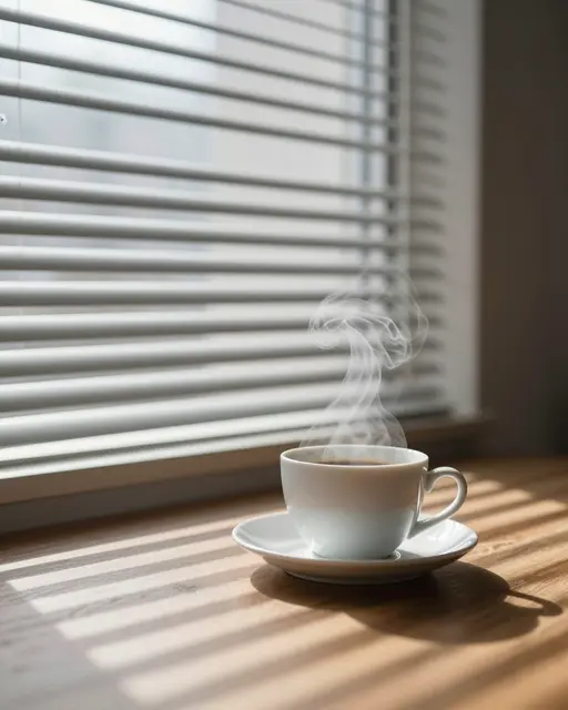 A steaming white coffee cup on a saucer sits on a wooden windowsill with striped sunlight from window blinds.
