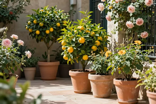 Terracotta potted citrus trees and climbing pink roses fill a sun-warmed stone courtyard.