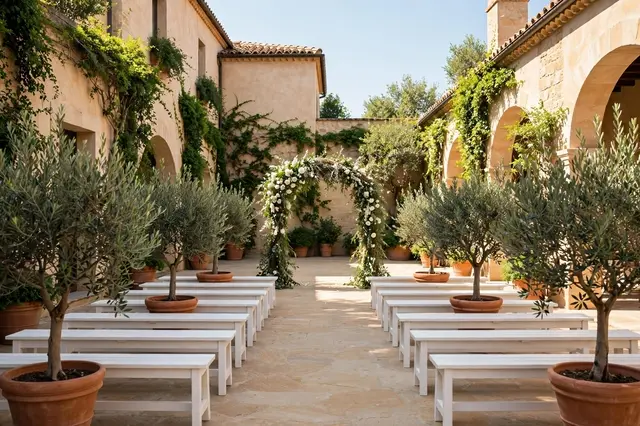 Empty sunlit stone courtyard set for a wedding with potted olive trees, white benches and a floral arch