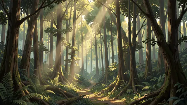 Warm sunbeams filter through tall trees onto a winding dirt path in a dense misty forest