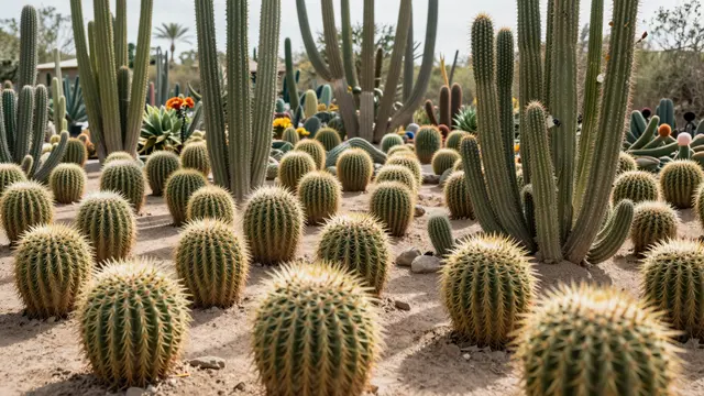A dense cactus garden filled with varied barrel and columnar cacti growing in sandy desert soil under bright daylight