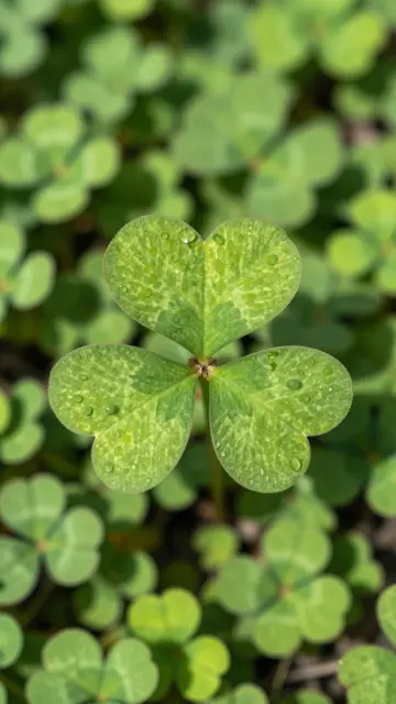 A close-up of a dewy three-leaf shamrock surrounded by out-of-focus clover in sunlight
